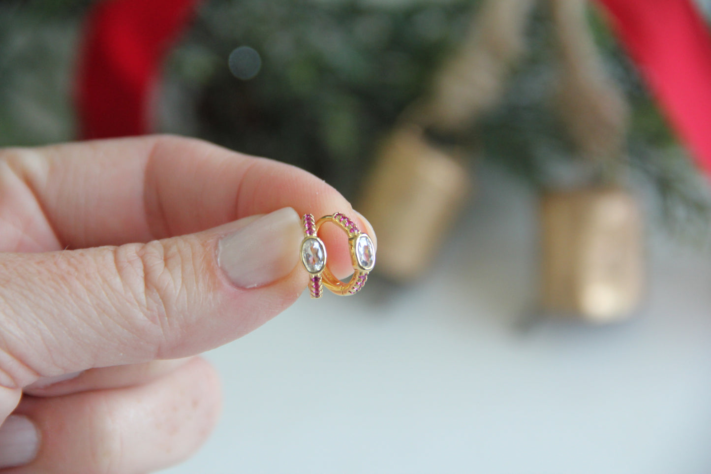 Gold Fuchsia Micro Paved Lined Clear Oval CZ